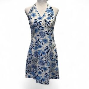 La Belle Vintage Blue & White Floral‎ Halter Dress Size 11